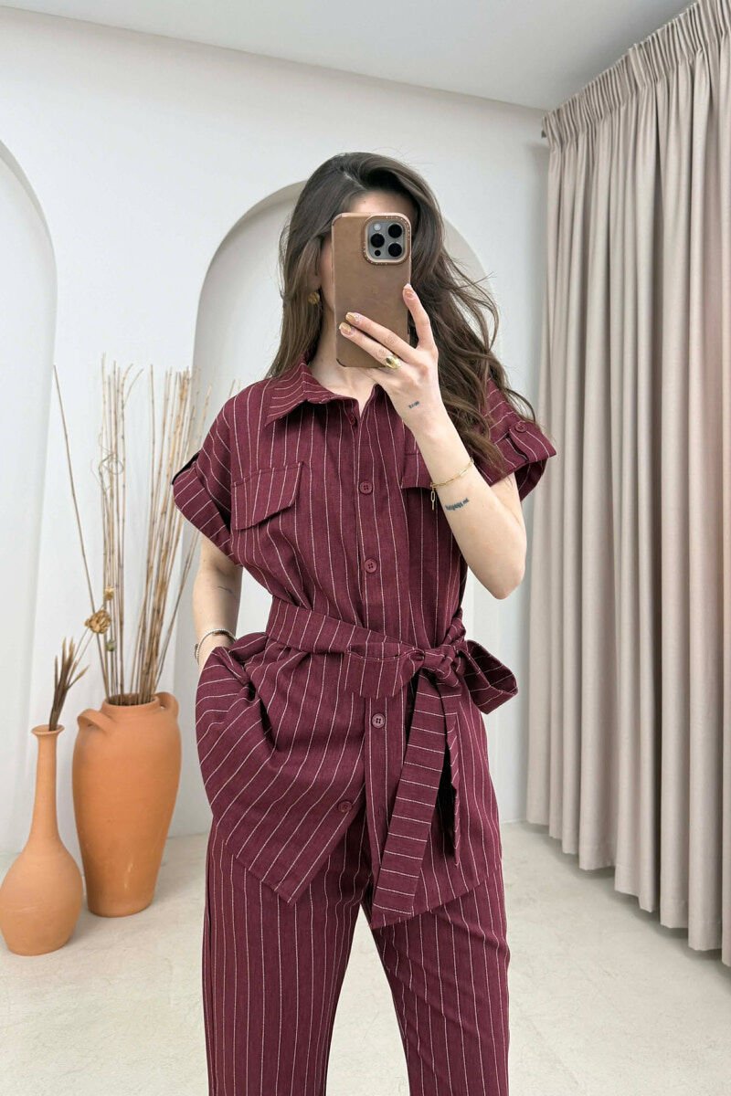 SET ME VIJA BLUZE ME MENGE TE SHKURTRA + PANTALLONA PER FEMRA NE NGJYRE VISHNJE - 3