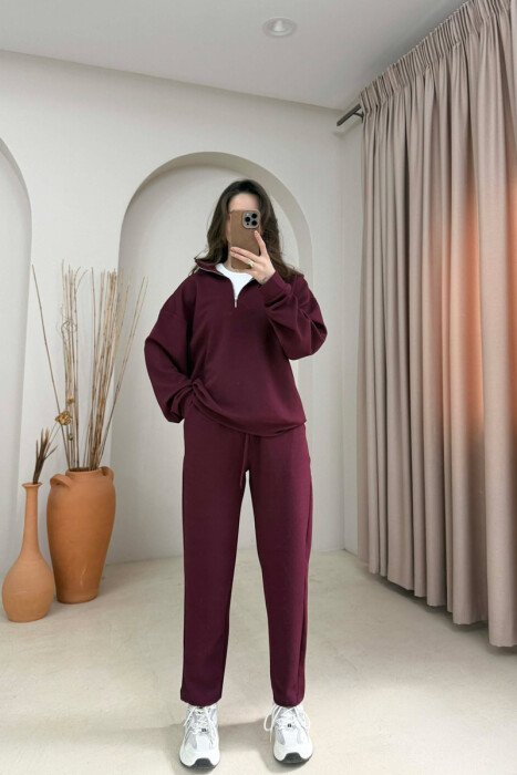 SET NJE NGJYRESH BLUZE ME ZINXHIR + TUTA PER FEMRA NE NGJYRE VISHNJE - KLAUDIO FASHION