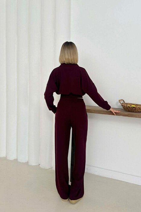 SET NJE NGJYRESH CROP TOP ME MENGE TE GJATA + PANTALLONA PER FEMRA NE NGJYRE VISHNJE - 3