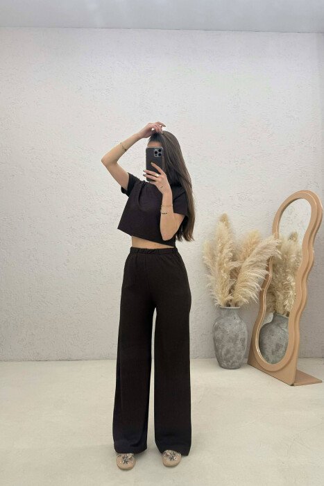 SET NJE NGJYRESH CROP TOP + PANTALLONA PER FEMRA NE NGJYRE KAFE TE ERRET - 1