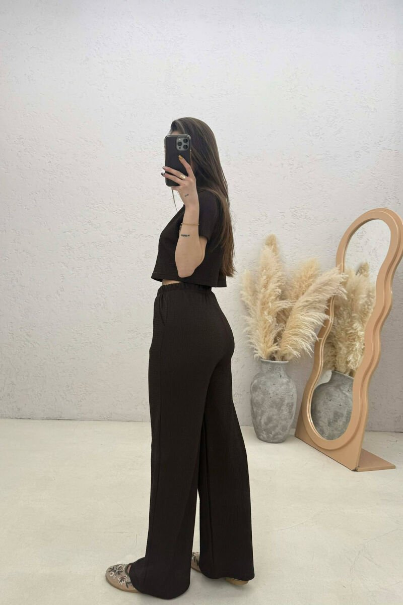 SET NJE NGJYRESH CROP TOP + PANTALLONA PER FEMRA NE NGJYRE KAFE TE ERRET - 2