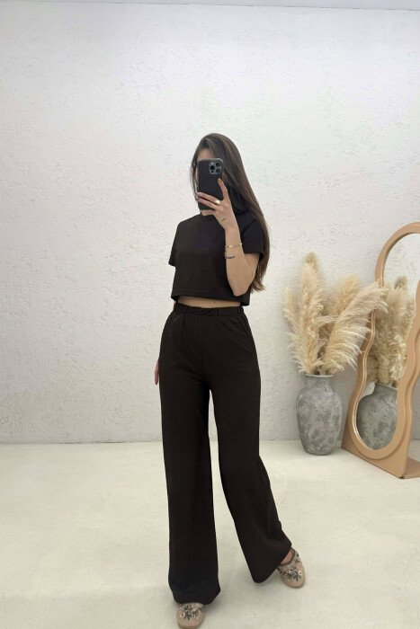 SET NJE NGJYRESH CROP TOP + PANTALLONA PER FEMRA NE NGJYRE KAFE TE ERRET - 4