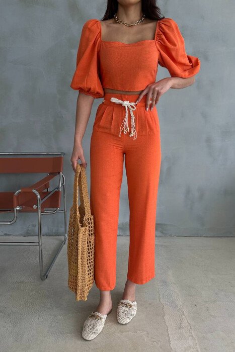 SET NJE NGJYRESH CROP TOP + PANATLLONA PER FEMRA NE NGJYRE PORTOKALLI - 3