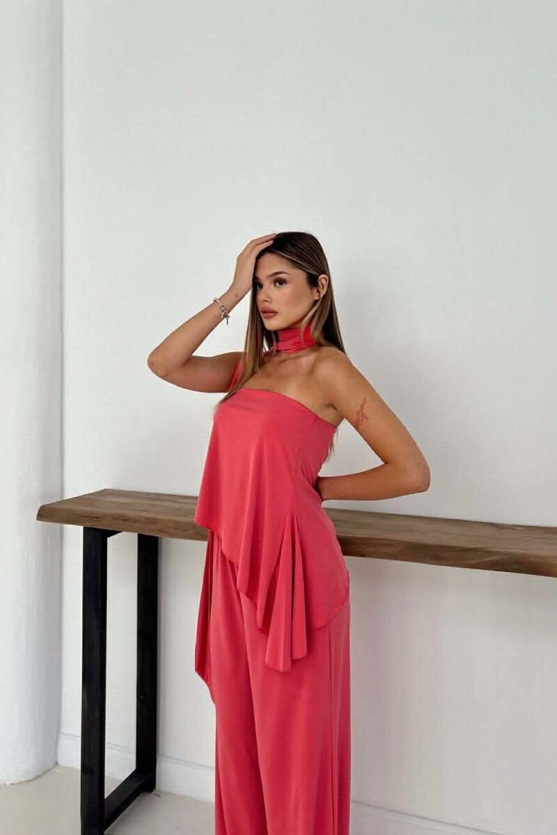 SET NJE NGJYRESH CROP TOP + PANTALLONA PER FEMRA NE NGJYRE SALMON - 2