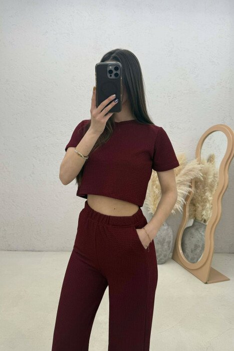SET NJE NGJYRESH CROP TOP + PANTALLONA PER FEMRA NE NGJYRE VISHNJE - 2