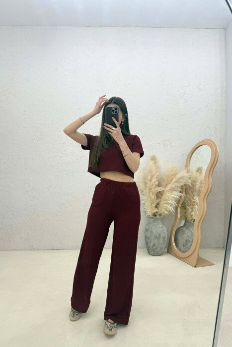 SET NJE NGJYRESH CROP TOP + PANTALLONA PER FEMRA NE NGJYRE VISHNJE - 3