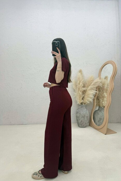 SET NJE NGJYRESH CROP TOP + PANTALLONA PER FEMRA NE NGJYRE VISHNJE - 4