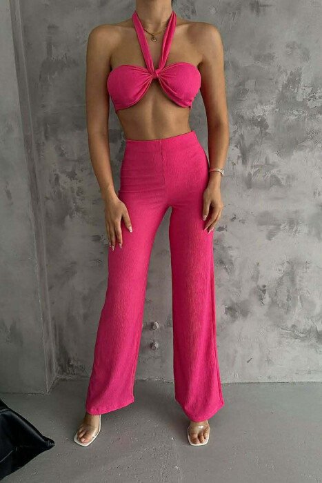 SET NJE NGJYRESH CROP TOP + PANTALLONA PER FEMRA NE NGJYRE CIKLAMI 