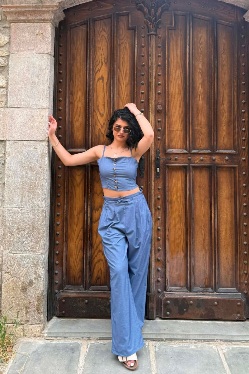 SET NJE NGJYRESH CROP TOP + PANTALLONA PER FEMRA NE NGJYREN BLU - 1