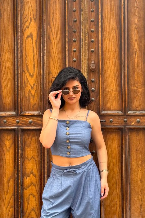 SET NJE NGJYRESH CROP TOP + PANTALLONA PER FEMRA NE NGJYREN BLU - 5