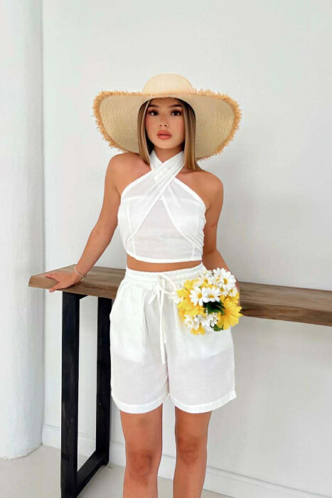 SET NJE NGJYRESH CROP TOP + PANTALLONA TE SHKURTRA PER FEMRA NE NGJYRE TE BARDHE - 