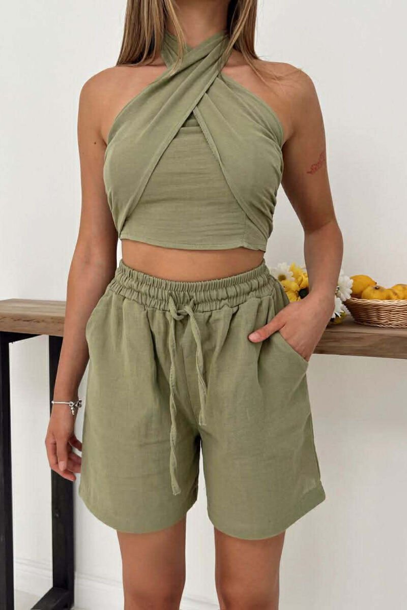 SET NJE NGJYRESH CROP TOP + PANTALLONA TE SHKURTRA PER FEMRA NE NGJYRE ULLI - 3