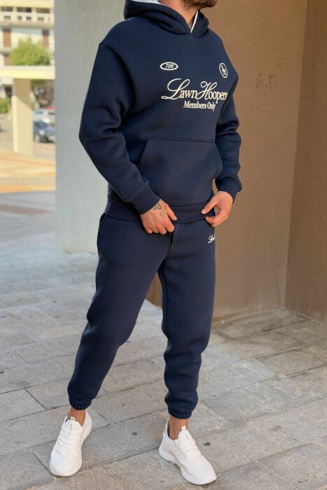 SET NJË NGJYRËSH HOODIE ME SHKRIM PARA+TUTA PËR MESHKUJ NË NGJYRË BLU - 5