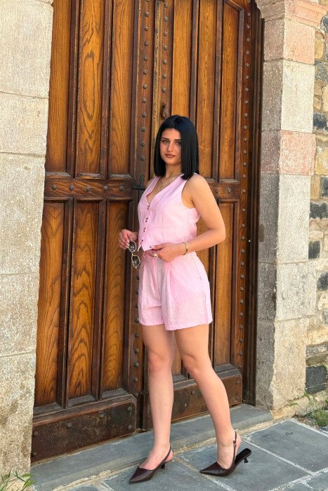 SET NJE NGJYRESH I THJESHTE JELEK + SHORTS PER FEMRA NE NGJYRE ROZE - 2
