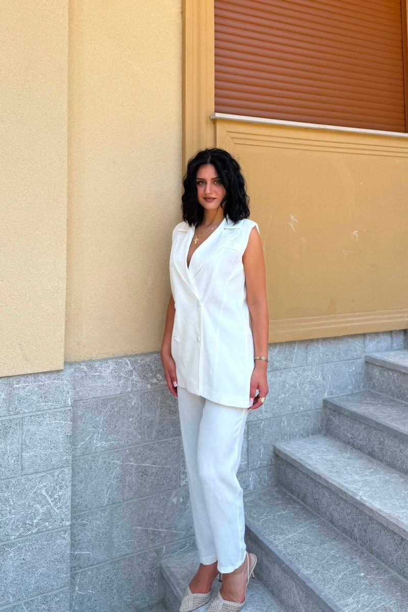 SET NJE NGJYRESH JELEK ME BUTONA + PANTALLONA PER FEMRA NE NGJYRE TE BARDHE - 4
