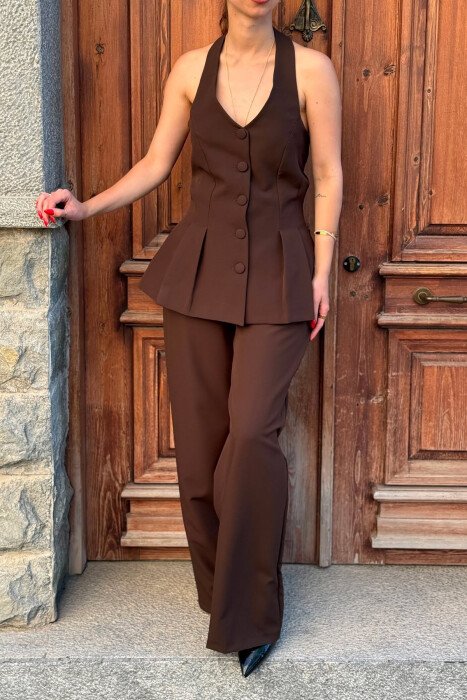 SET NJE NGJYRESH JELEK ME KURRIZ TE HAPUR + PANTALLONA PER FEMRA NE NGJYRE KAFE - 3