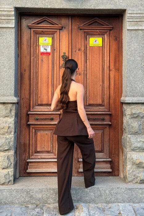 SET NJE NGJYRESH JELEK ME KURRIZ TE HAPUR + PANTALLONA PER FEMRA NE NGJYRE KAFE - 4