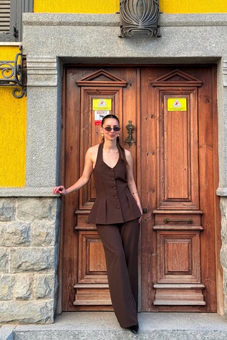 SET NJE NGJYRESH JELEK ME KURRIZ TE HAPUR + PANTALLONA PER FEMRA NE NGJYRE KAFE - 5