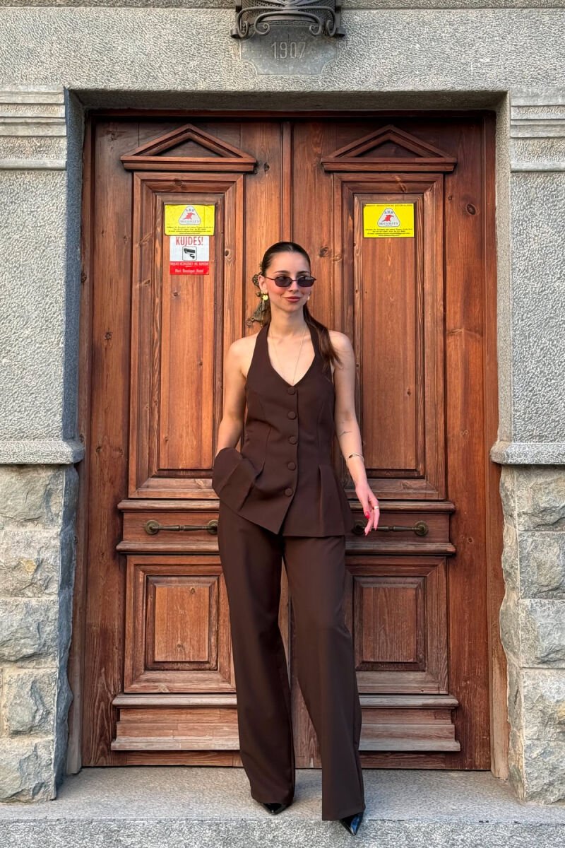 SET NJE NGJYRESH JELEK ME KURRIZ TE HAPUR + PANTALLONA PER FEMRA NE NGJYRE KAFE - 6