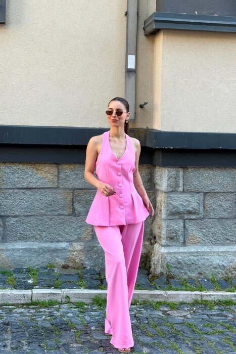SET NJE NGJYRESH JELEK ME KURRIZ TE HAPUR + PANTALLONA PER FEMRA NE NGJYRE ROZE - 2