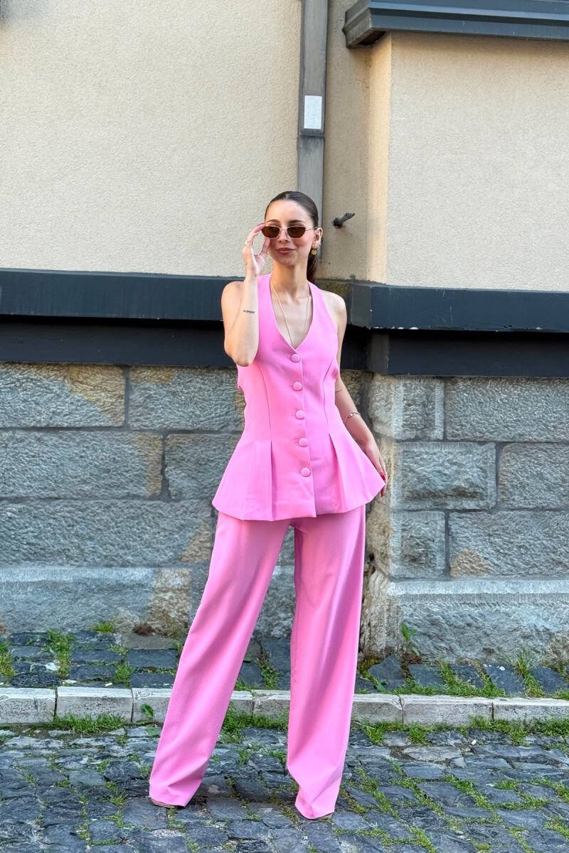 SET NJE NGJYRESH JELEK ME KURRIZ TE HAPUR + PANTALLONA PER FEMRA NE NGJYRE ROZE - 3