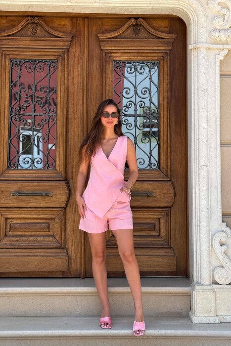 SET NJE NGJYRESH JELEK ME LIDHESE + PANTALLONA TE SHKURTRA PER FEMRA NE NGJYRE ROZE - 1