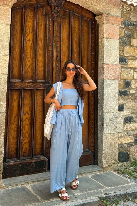 SET NJE NGJYRESH JELEK ME LIDHESE + CROP TOP + PANTALLONA PER FEMRA NE NGJYRE BABY BLU - 4