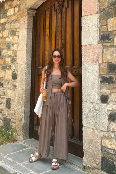 SET NJE NGJYRESH JELEK ME LIDHESE + CROP TOP + PANTALLONA PER FEMRA NE NGJYRE GRI E ERRET - 1