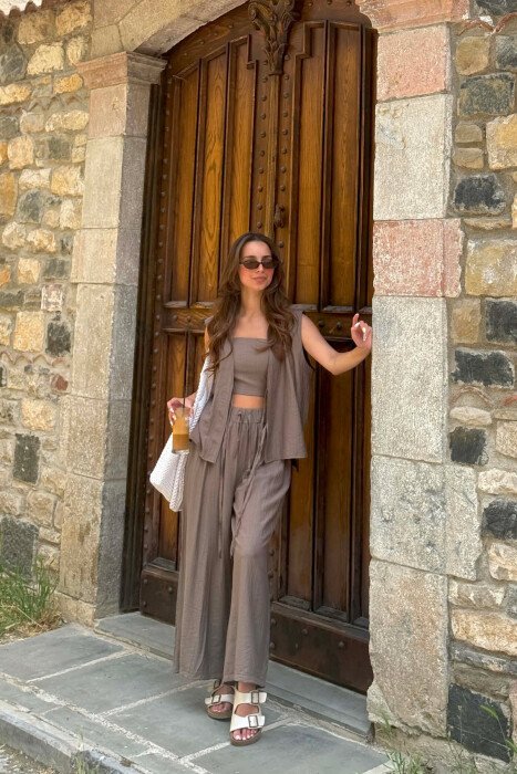 SET NJE NGJYRESH JELEK ME LIDHESE + CROP TOP + PANTALLONA PER FEMRA NE NGJYRE GRI E ERRET - 3