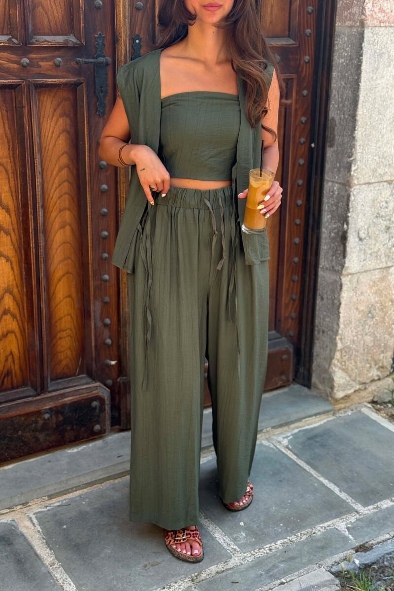 SET NJE NGJYRESH JELEK ME LIDHESE + CROP TOP + PANTALLONA PER FEMRA NE NGJYRE JESHILE - 3