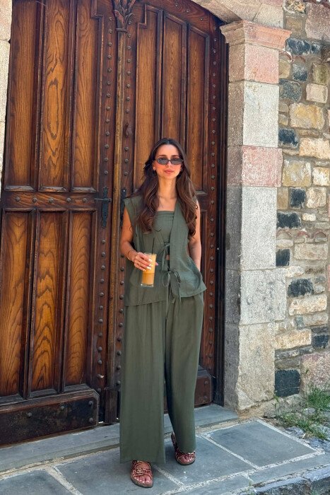 SET NJE NGJYRESH JELEK ME LIDHESE + CROP TOP + PANTALLONA PER FEMRA NE NGJYRE JESHILE - 4