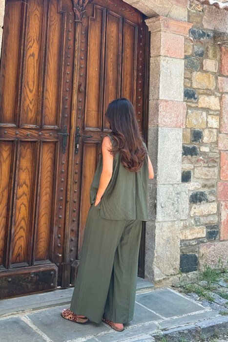 SET NJE NGJYRESH JELEK ME LIDHESE + CROP TOP + PANTALLONA PER FEMRA NE NGJYRE JESHILE - 5