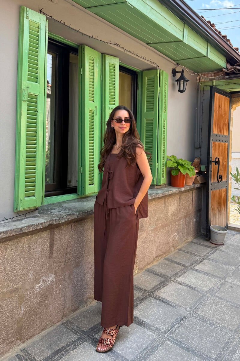 SET NJE NGJYRESH JELEK ME LIDHESE + CROP TOP + PANTALLONA PER FEMRA NE NGJYRE KAFE E ERRET - 5