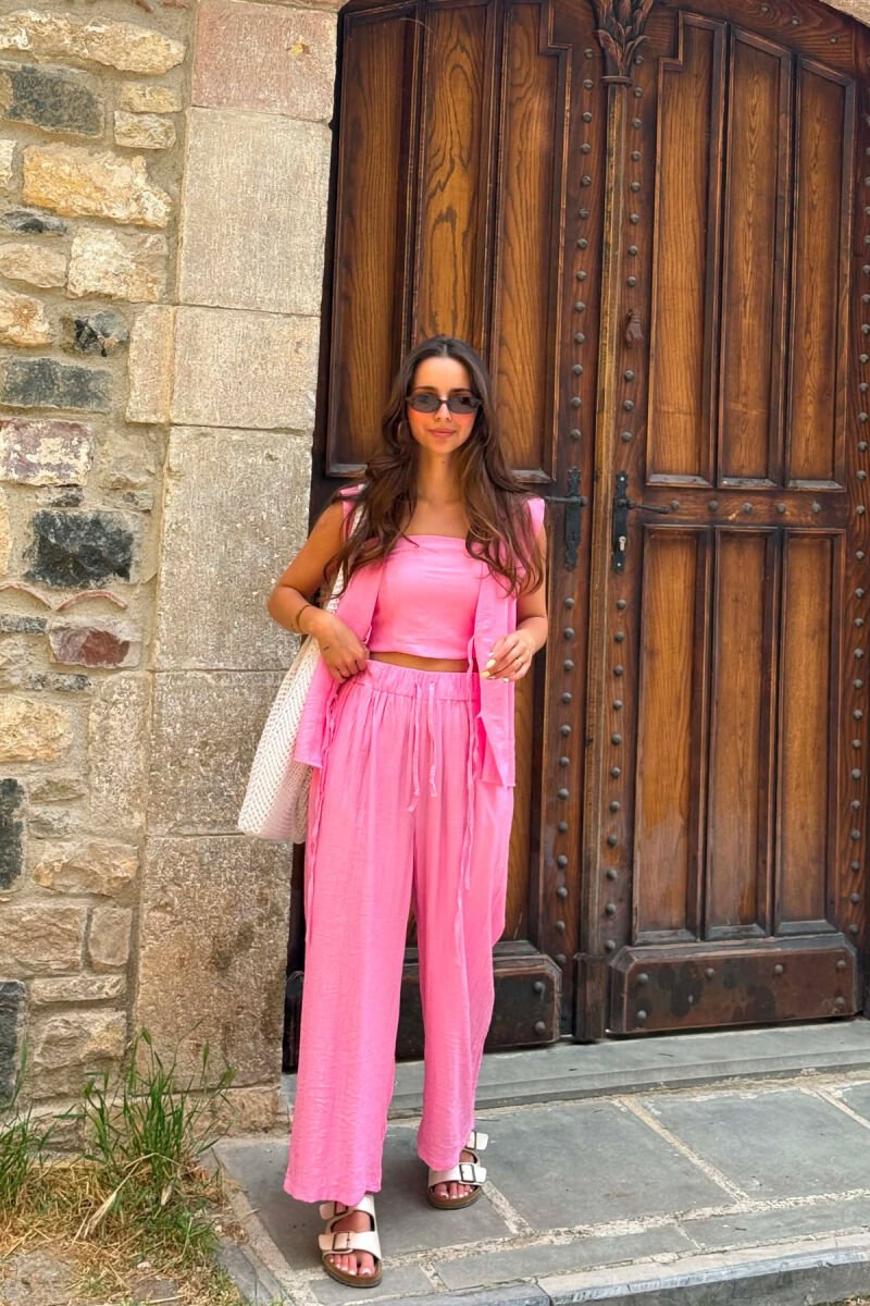 SET NJE NGJYRESH JELEK ME LIDHESE + CROP TOP + PANTALLONA PER FEMRA NE NGJYRE ROZE - 3