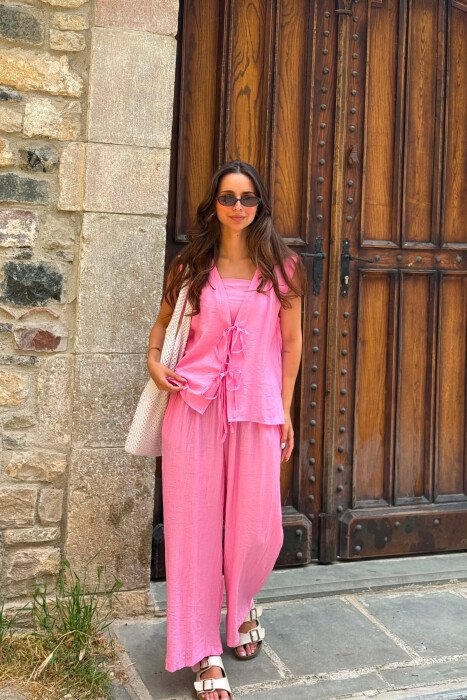 SET NJE NGJYRESH JELEK ME LIDHESE + CROP TOP + PANTALLONA PER FEMRA NE NGJYRE ROZE - 5
