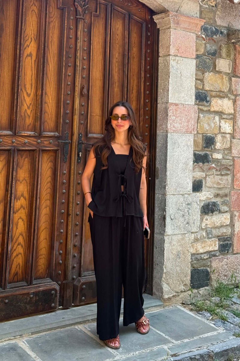 SET NJE NGJYRESH JELEK ME LIDHESE + CROP TOP + PANTALLONA PER FEMRA NE NGJYRE TE ZEZE - 1
