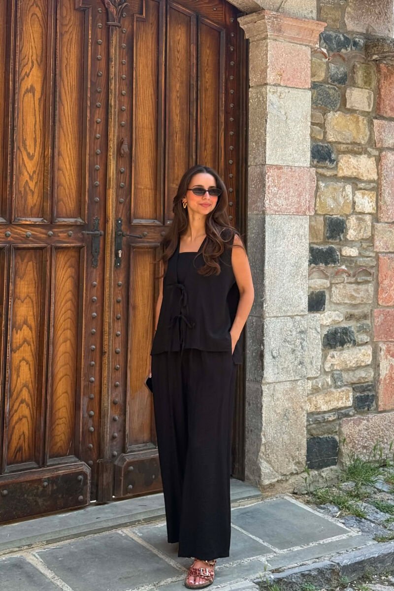 SET NJE NGJYRESH JELEK ME LIDHESE + CROP TOP + PANTALLONA PER FEMRA NE NGJYRE TE ZEZE - 3