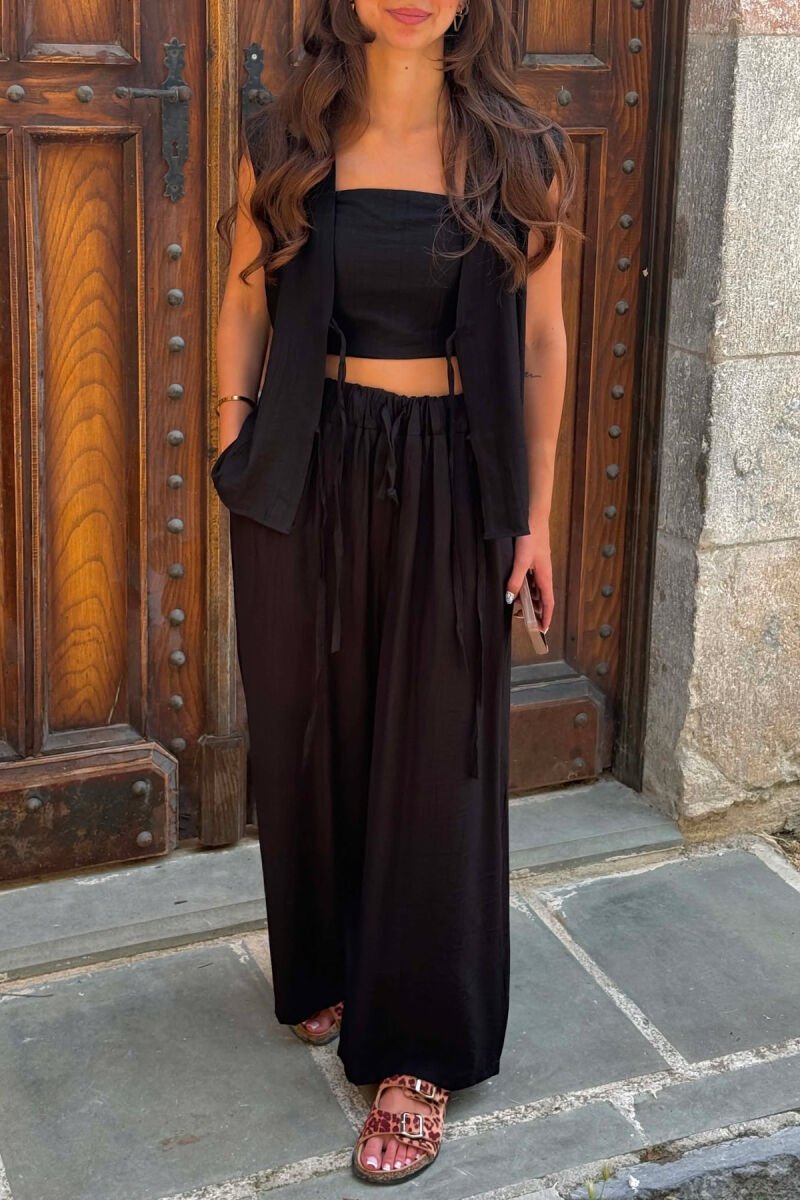 SET NJE NGJYRESH JELEK ME LIDHESE + CROP TOP + PANTALLONA PER FEMRA NE NGJYRE TE ZEZE - 5