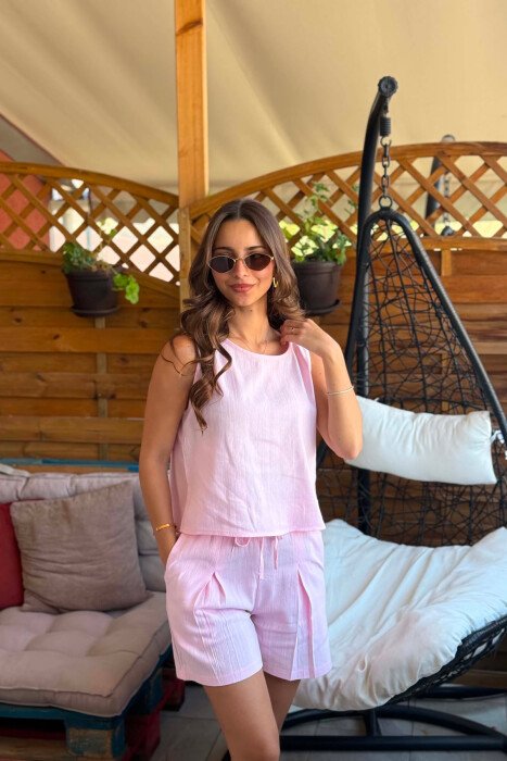 SET NJE NGJYRESH KANATJERE E THJESHTE + PANTALLONA TE SHKURTRA PER FEMRA NE NGJYRE ROZE - 3