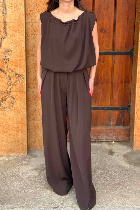 SET NJE NGJYRESH KANATJERE + PANTALLONA TE GJERA PER FEMRA NE NGJYRE KAFE - 2