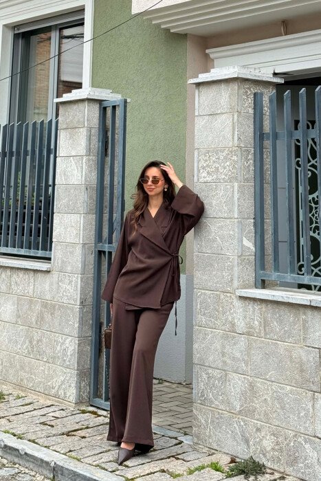 SET NJE NGJYRESH KEMISHE ME LIDHESE + PANTALLONA PER FEMRA NE NGJYRE KAFE - 5