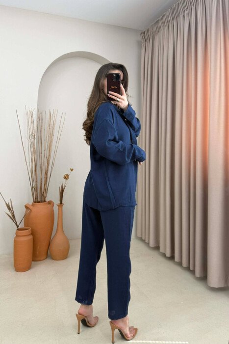 SET NJE NGJYRESH KEMISHE + PANTALLONA ME LIDHESE PER FEMRA NE NGJYRE BLU ELEKTRIKE - 4