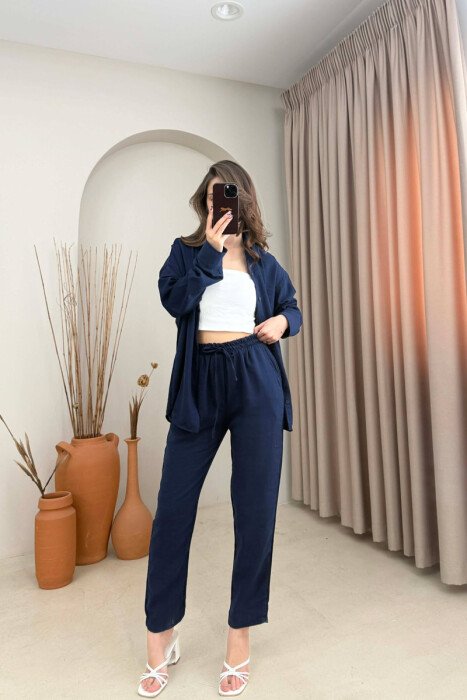 SET NJE NGJYRESH KEMISHE + PANTALLONA ME LIDHESE PER FEMRA NE NGJYRE BLU TE ERRET - 1