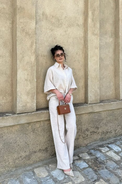 SET NJE NGJYRESH KEMISHE + PANTALLONA PER FEMRA NE NGJYRE BEZHE - 5