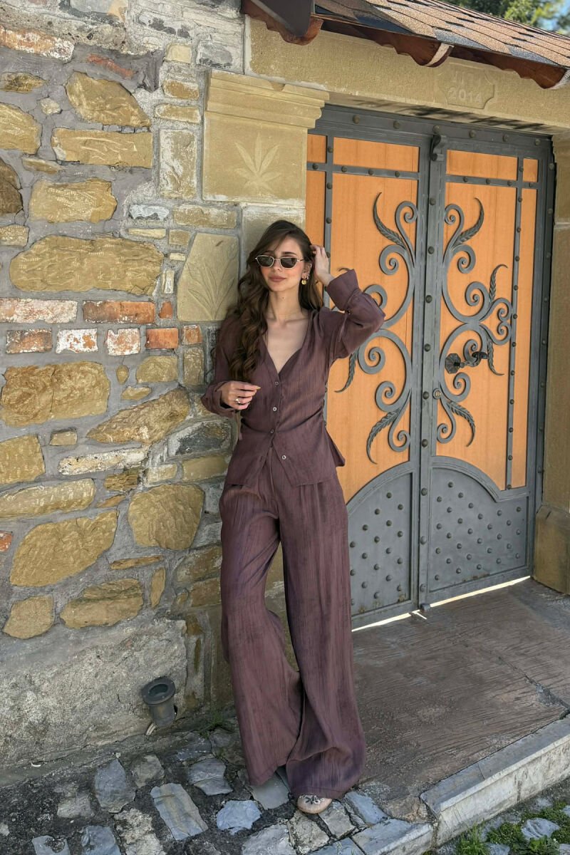 SET NJE NGJYRESH KEMISHE + PANTALLONA PER FEMRA NE NGJYRE KAFE - 1