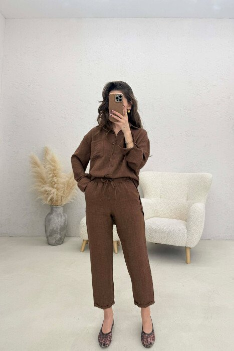 SET NJE NGJYRESH KEMISHE+PANTALLONA PER FEMRA NE NGJYRE KAFE - 4