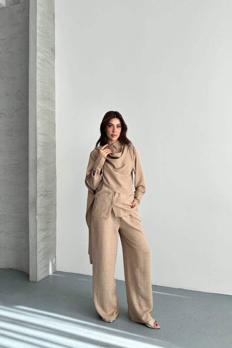 SET NJE NGJYRESH KEMISHE + PANTALLONA PER FEMRA NE NGJYRE KAFE TE ZBARDHUR - KLAUDIO FASHION