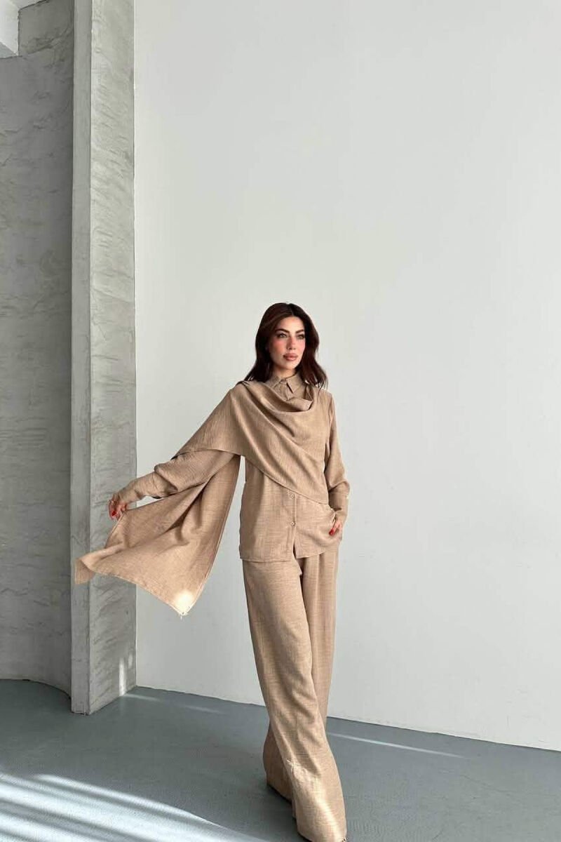 SET NJE NGJYRESH KEMISHE + PANTALLONA PER FEMRA NE NGJYRE KAFE TE ZBARDHUR - 2