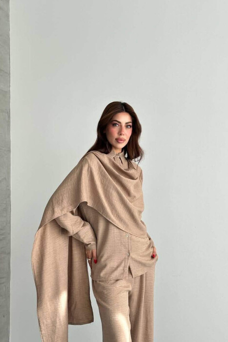 SET NJE NGJYRESH KEMISHE + PANTALLONA PER FEMRA NE NGJYRE KAFE TE ZBARDHUR - 3