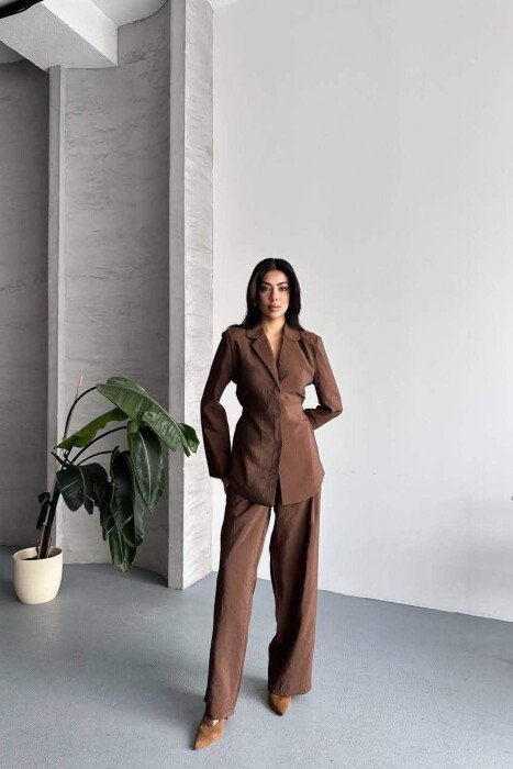 SET NJE NGJYRESH KEMISHE + PANATLLONA PER FEMRA NE NGJYRE KAFE - KLAUDIO FASHION